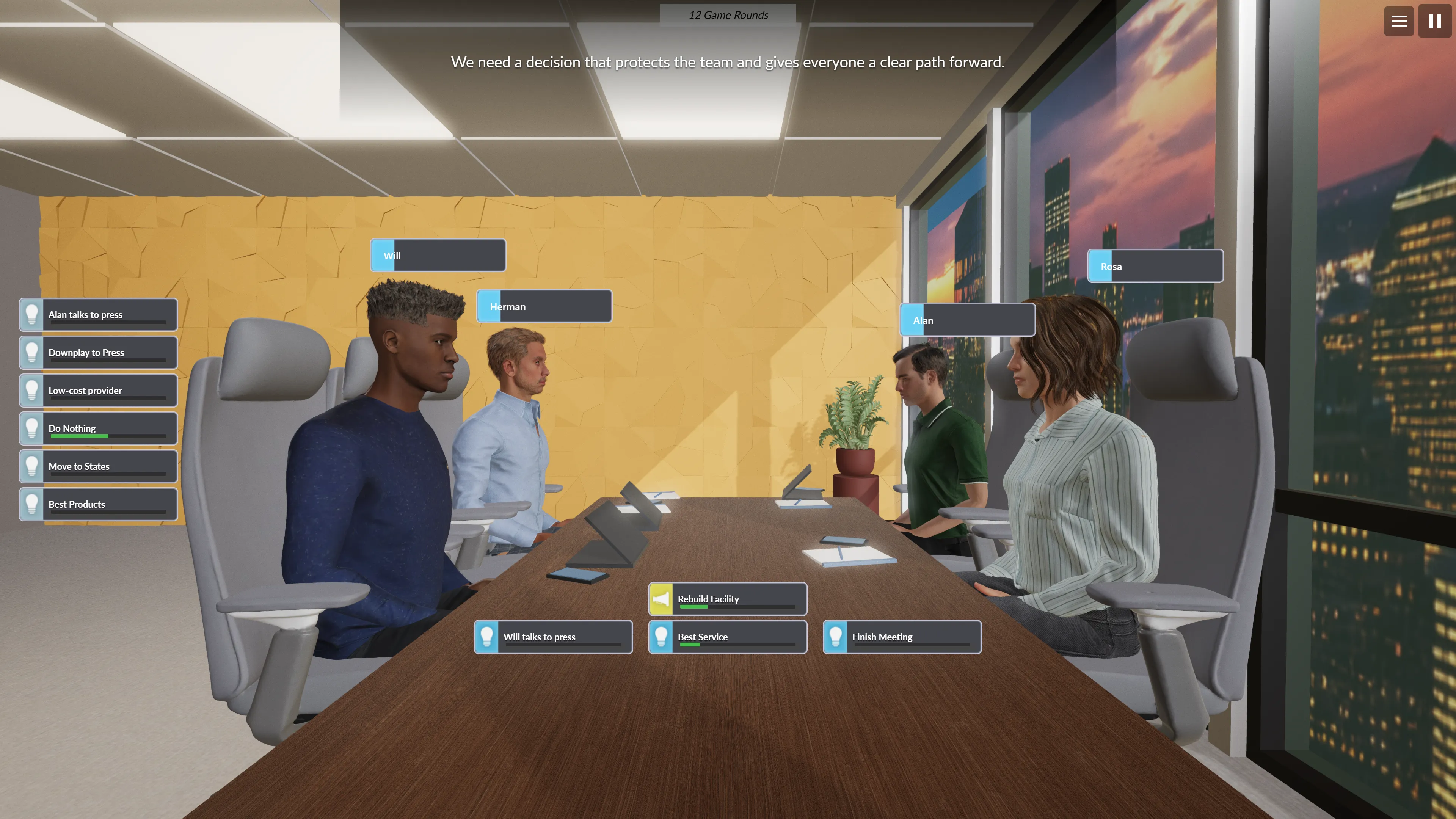 The vLeader simulation running. Will, Herman, Alan and Rosa sit around a boardroom table; one has just said “We need a decision that protects the team and gives everyone a clear path forward.” Six ideas wait on a rail down the left edge and four sit on the table with progress bars. A counter reads 12 game rounds.
