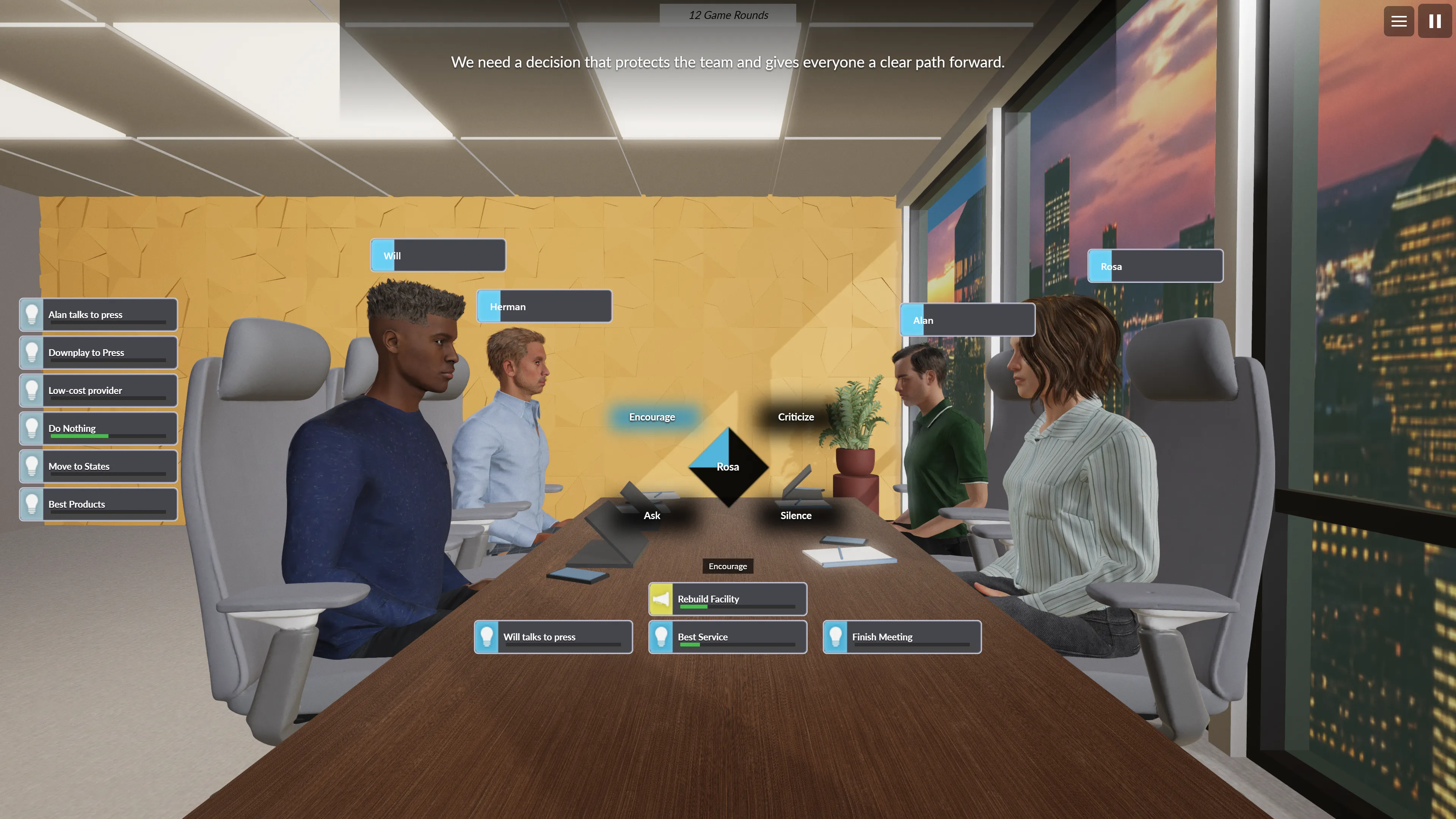 A radial menu open over Rosa inside the meeting, offering four named choices around her: Encourage, Criticize, Ask and Silence. Encourage is highlighted.