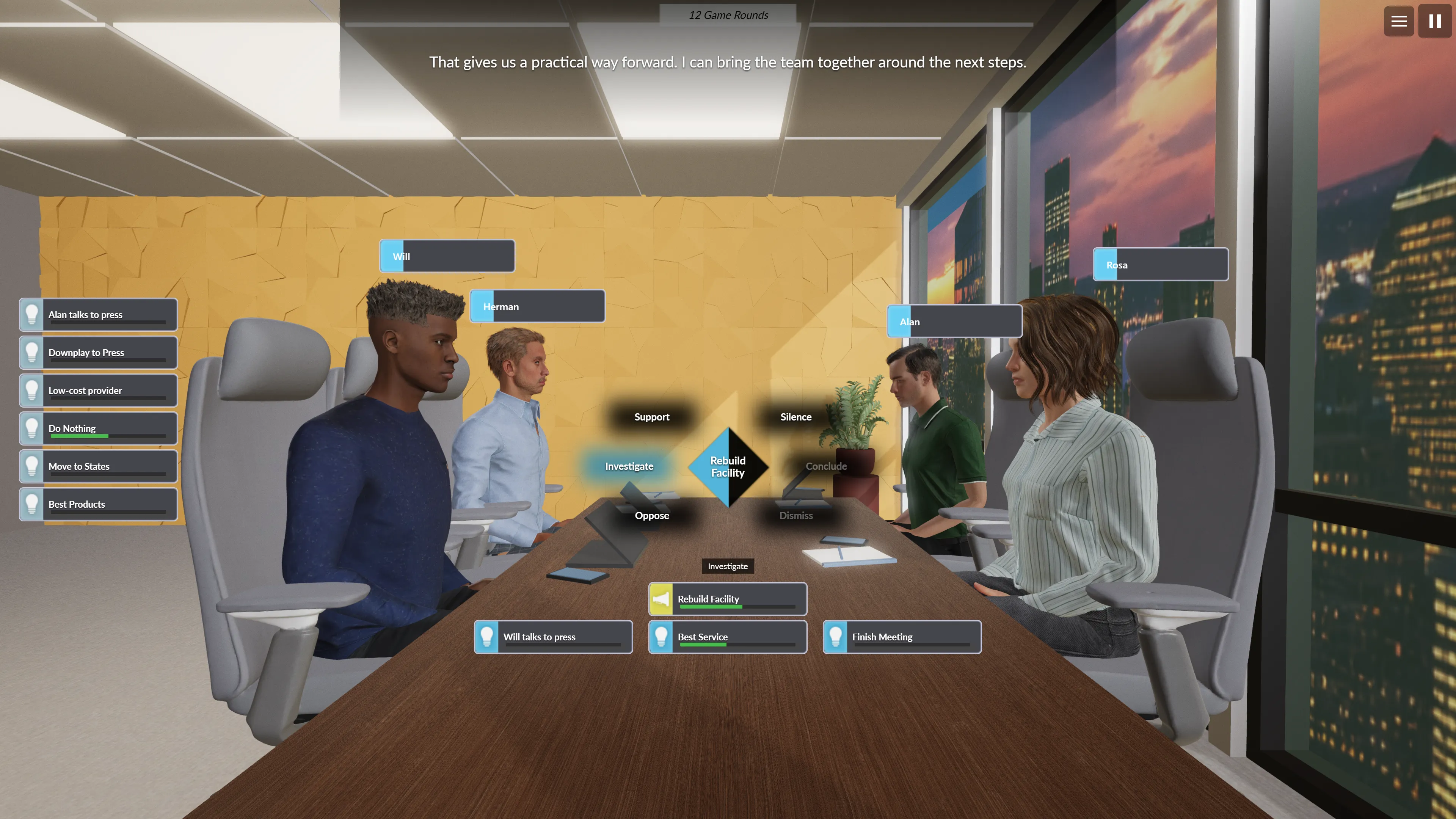 A radial menu open over the Rebuild Facility idea, offering Support, Silence, Investigate and Oppose. Investigate is highlighted; Conclude and Dismiss are greyed out and unavailable.