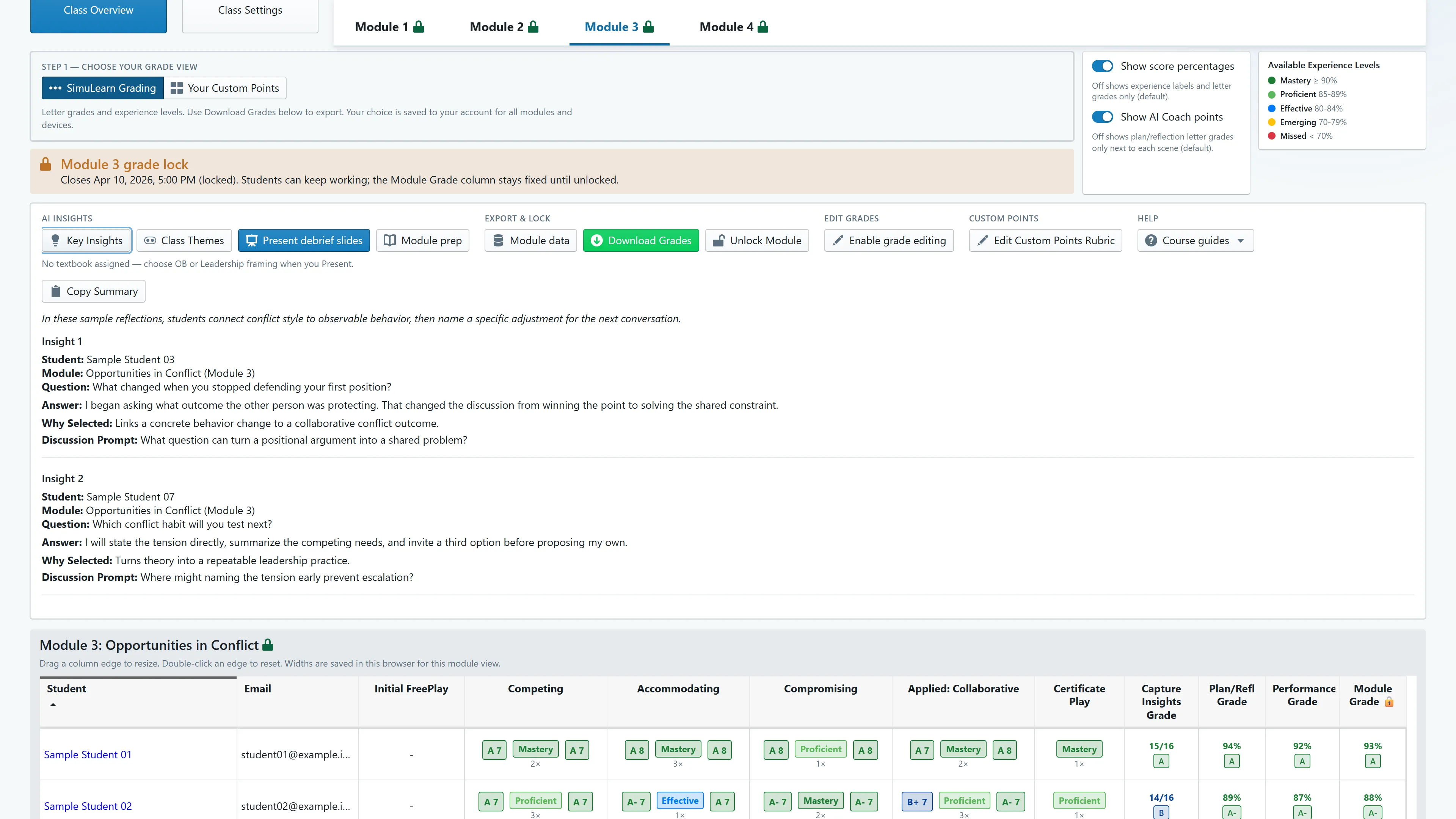 The Key Insights panel above the gradebook. Two insights are listed, each naming a student, the module, the question they answered, their answer, a Why Selected line explaining the pick, and a Discussion Prompt to take into class.