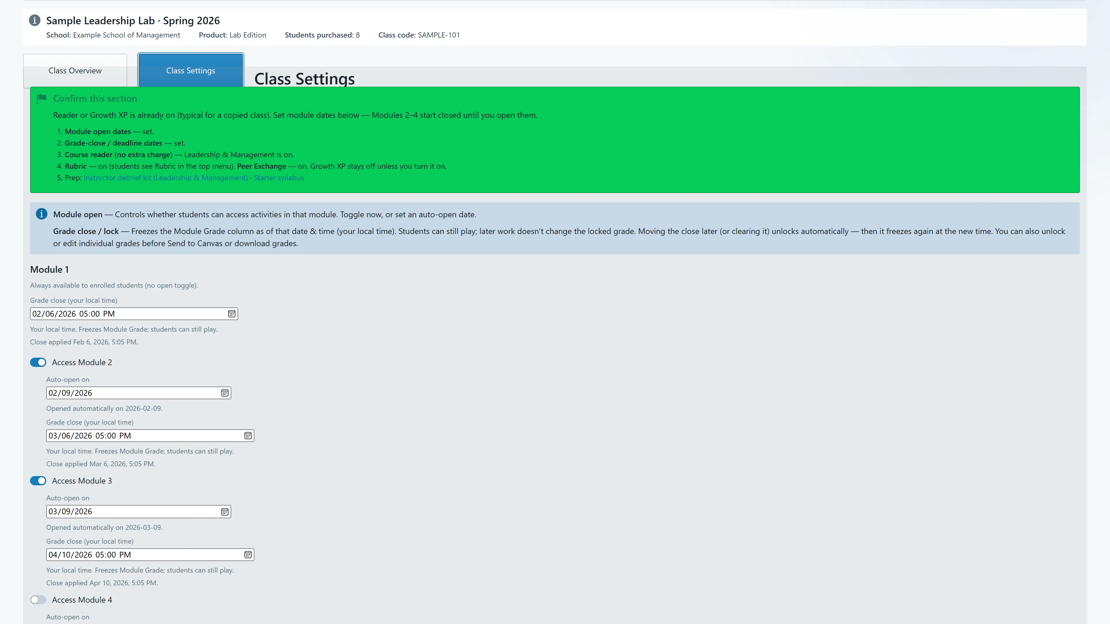 The Class Settings tab for a sample class. Module 1 is always available; Modules 2 and 3 have auto-open dates and grade-close date-time fields set, with notes reading Opened automatically on that date and Close applied at that time. Module 4 is still toggled off. A checklist at the top confirms reader access, rubric and peer exchange are on.