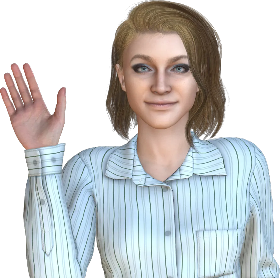 Rosa, one of the four colleagues a student leads in the vLeader simulation, raising a hand in greeting. She is shown cut out against the dark background of the page.